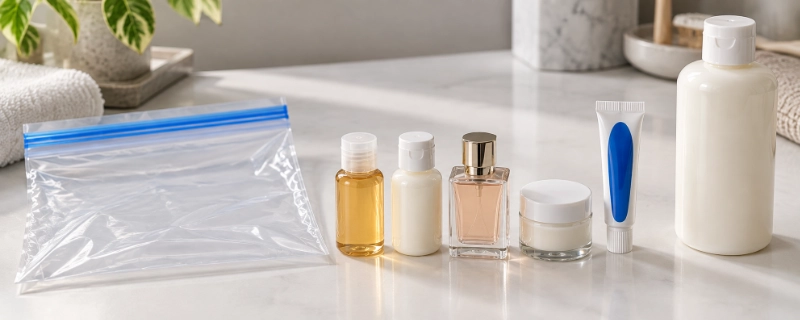 Travel toiletry bottles under 100ml beside a clear zip-lock bag, with a larger bottle set aside