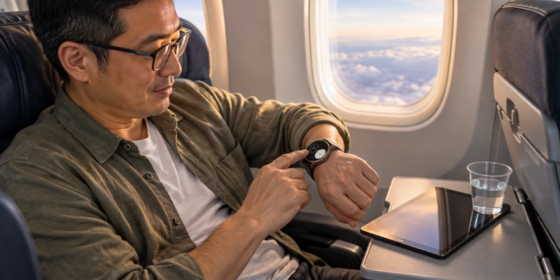 Traveller in an airplane window seat checking a smartwatch showing two different times while holding a small water cup and a tablet