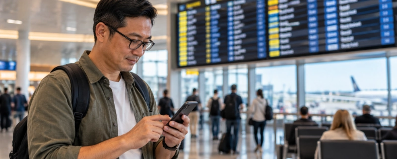 Traveller at an airport departure gate setting a phone alarm, large departure board showing multiple flight times in the background