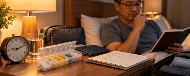 Weekly pill organizer beside a bedside alarm clock and a handwritten dosing schedule notebook the night before a trip