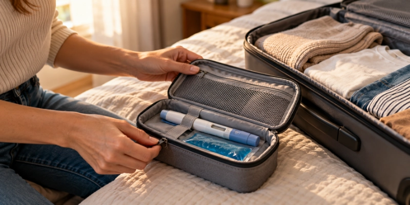Hands packing a GLP-1 injection pen into an insulated travel case beside a packed suitcase