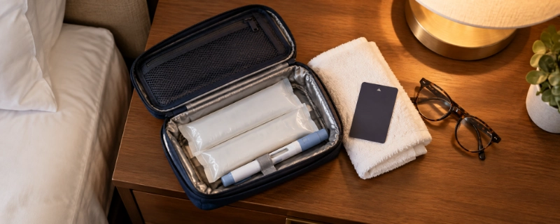 Open insulated travel pouch with ice packs and injection pens on a hotel room nightstand
