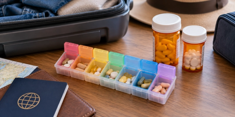 Weekly pill organizer and original prescription bottles side by side next to a passport on a packing table