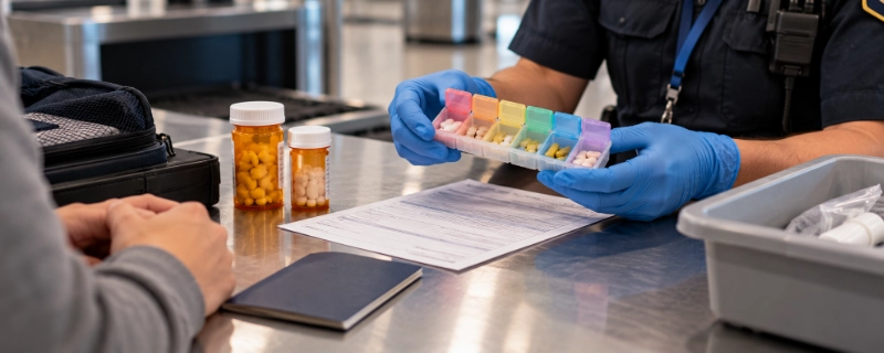 Customs officer examining a weekly pill organizer alongside a printed prescription document at an inspection desk