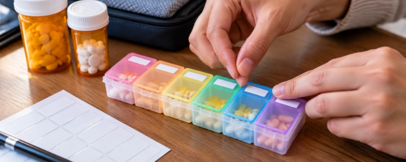 Close-up of hands placing pharmacy label stickers onto a weekly pill organizer compartment