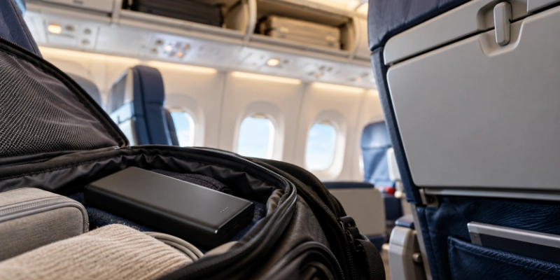 Power bank in carry-on bag beside aircraft seat