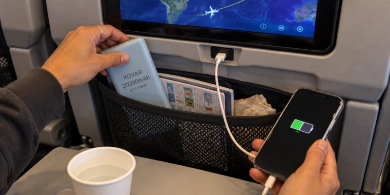Hands sliding a power bank into the seat-back pocket under an economy seat screen while a phone charges from the seat USB port