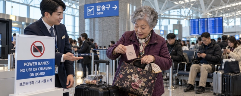 Gate agent and an older traveller at Incheon International Airport reading a sign that says power banks no use or charging on board