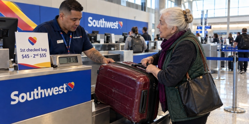 Cuban-American Southwest agent at the Chicago Midway counter talking to a woman lifting a burgundy suitcase onto the scale, beside a sign showing the first bag $45 and second bag $55