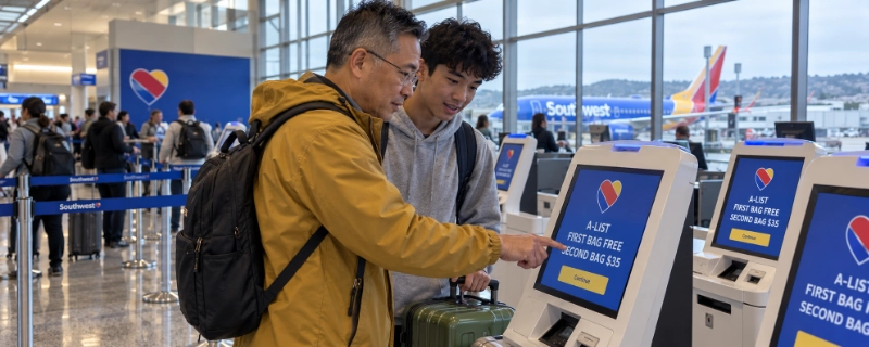 Father and teenage son at a Southwest kiosk in Oakland Terminal 2 whose screen shows A-List first bag free and second bag $35