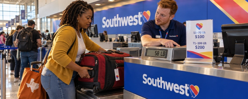 Woman at the Southwest counter in Houston Hobby lifting a heavy red bag onto the scale showing 58 lb while the agent points to a card with the $100 and $200 overweight fees