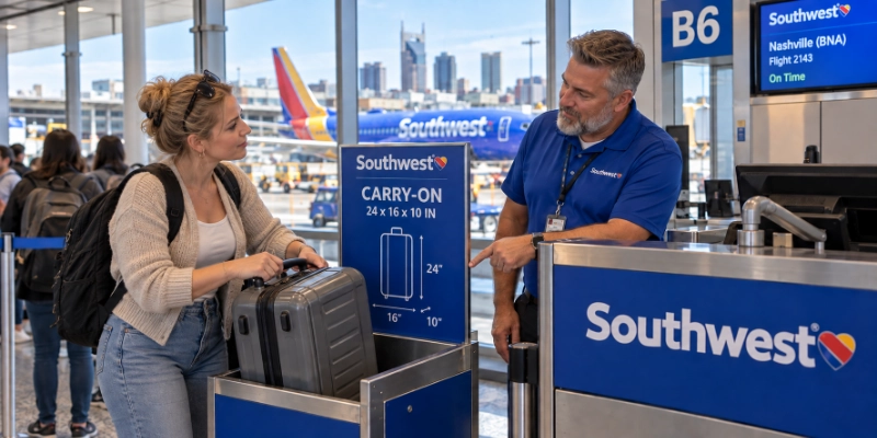 Southwest agent at the Nashville gate pointing to a large roller bag beside the carry-on size sign with the heart logo