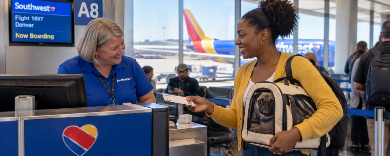 Woman at the Southwest gate in St. Louis holding a small dog carrier under her arm with a boarding pass in her other hand