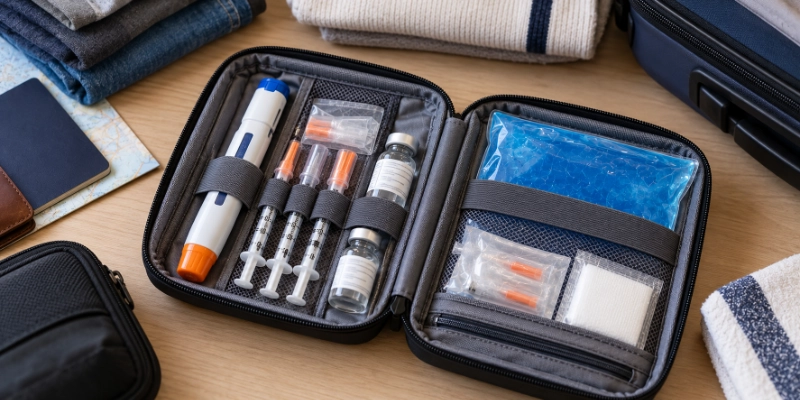 Open travel medical kit containing an auto-injector pen, syringes, insulin vials, and a gel ice pack