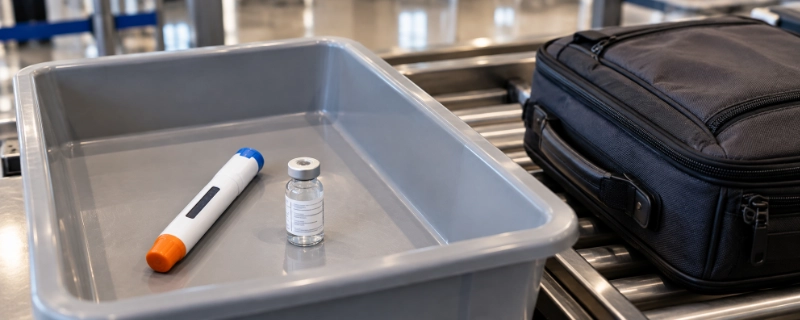 Security tray holding an auto-injector pen and a labelled insulin vial placed separately from a carry-on bag