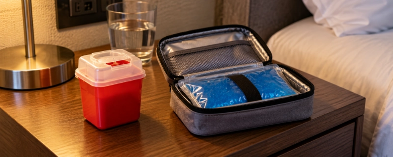Small sharps disposal container and an insulated ice pack pouch on a hotel room nightstand