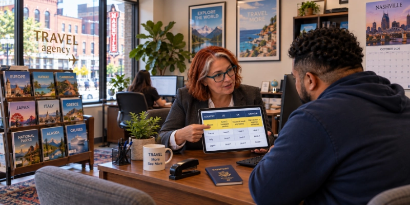 Travel agent showing a customer a tablet with a table of US, UK and Canada columns and a highlighted row, across her desk in a travel agency