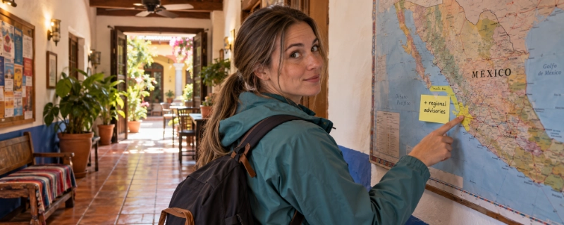 Woman in a hostel lobby pointing at a wall map of Mexico with a highlighted coastal region and a sticky note reading plus regional advisories