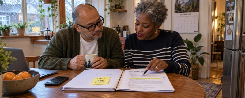 Couple at a kitchen table reading a travel insurance policy with a highlighted line and a sticky note reading check your policy