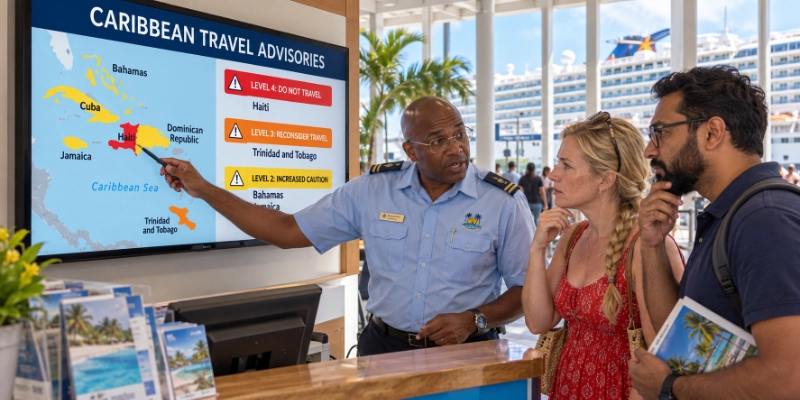 Cruise terminal information officer in Bridgetown, Barbados, pointing at a wall screen with a Caribbean map shaded red, orange and yellow by travel advisory level while a couple reads the warnings
