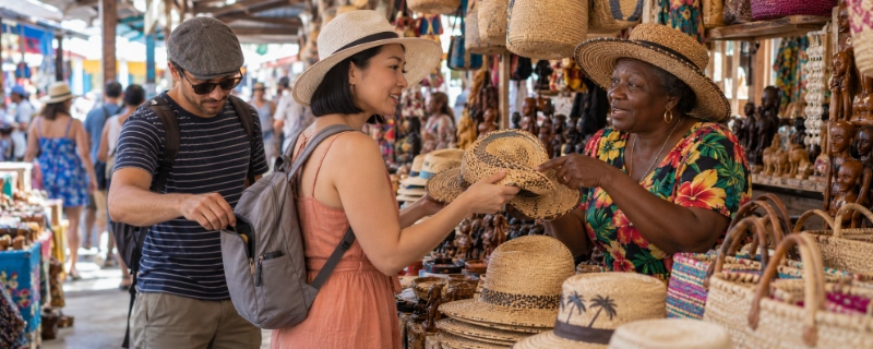 Tourist at the Nassau Straw Market holding up a straw hat with a vendor while a man behind her unzips the side pocket of her backpack