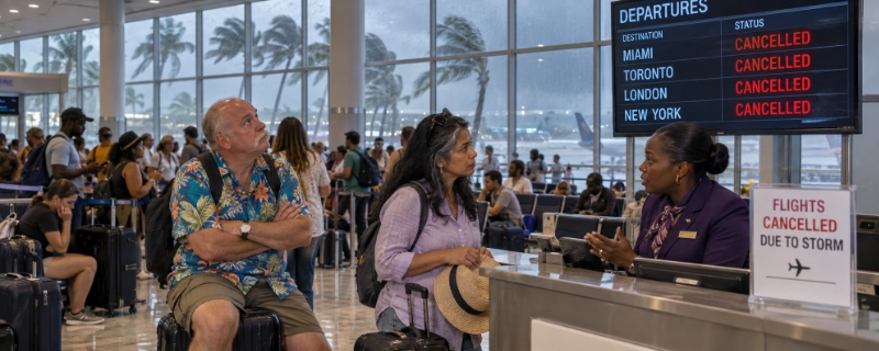 Stranded travelers under an airport departures board showing every flight cancelled while an airline agent tells a couple about storm cancellations
