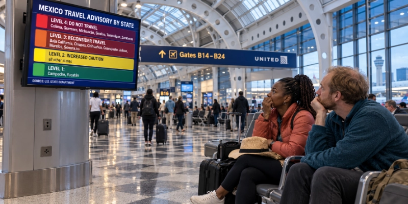 Couple seated at a gate in Chicago O'Hare Terminal 1 looking up at a wall TV that shows Mexico travel advisory levels by state in red, orange and yellow panels, with a carry-on and a straw sun hat beside them