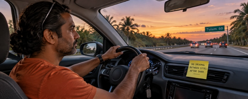 Hands on the steering wheel of a rental car at dusk on the Riviera Maya highway, with a handwritten yellow sticky note on the dashboard reading NO DRIVING BETWEEN CITIES AFTER DARK