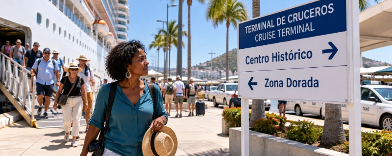 Traveler walking off a cruise ship at the Mazatlan cruise terminal past a wayfinding sign pointing to Centro Historico and Zona Dorada