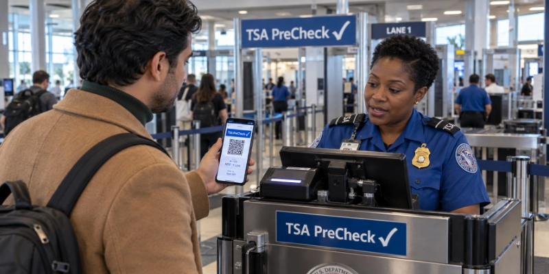 Man in a camel coat holding up a phone with a mobile boarding pass showing the TSA PreCheck indicator to a TSA officer at the travel document checker at Raleigh-Durham airport