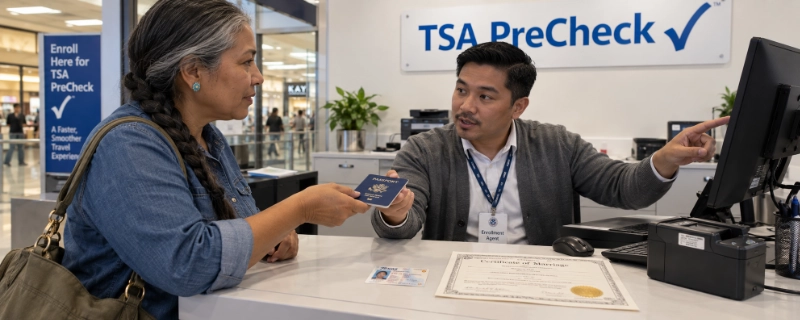Woman with a grey-streaked braid handing a U.S. passport to an enrollment agent at a TSA PreCheck enrollment desk, with a driver license and a certified marriage certificate on the counter