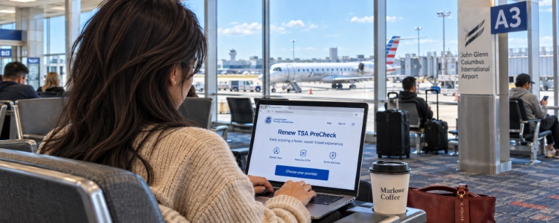 Woman with long dark layered hair seen from behind, renewing TSA PreCheck on a laptop whose screen reads Renew TSA PreCheck, in a gate area at Columbus airport with a regional jet outside the window