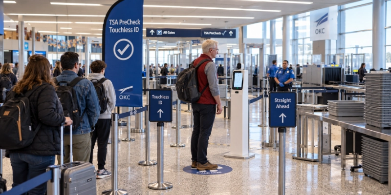 Wide view of a TSA checkpoint with a dedicated Touchless ID lane, a Touchless ID sign above it and a traveler looking into the lane camera while others queue behind