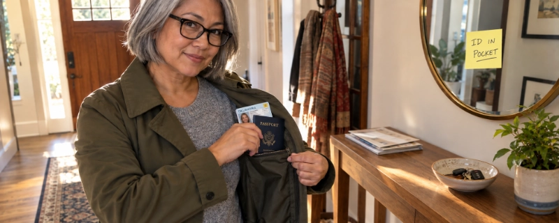 Woman in a home hallway zipping a jacket pocket that holds a REAL ID driver license and a passport, with a sticky note on the mirror reading ID in pocket
