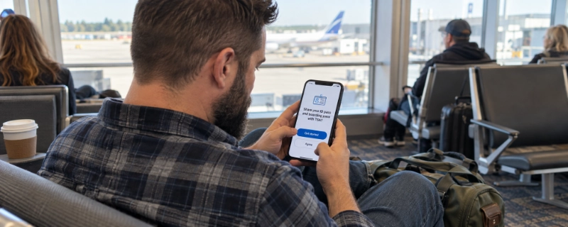 Over-the-shoulder view of a man on an airport gate bench holding a phone that shows a boarding pass with a Get started button and a message about sharing his ID pass with TSA