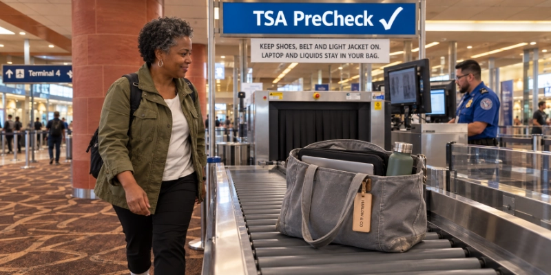 Smiling woman in an olive field jacket beside the belt of a TSA PreCheck lane at Phoenix Sky Harbor Terminal 4, sneakers still on and her laptop left inside the open grey canvas tote, under the blue TSA PreCheck sign and its keep-shoes-on notice