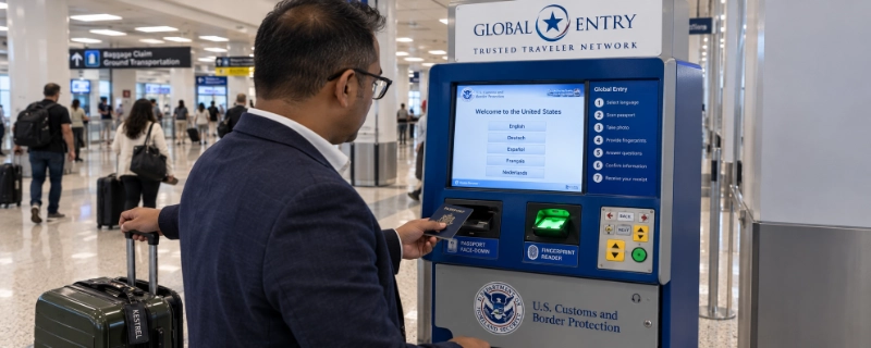 Man with glasses in a navy blazer holding his passport toward the reader of a blue Global Entry kiosk with a green fingerprint scanner, in the Miami International Airport arrivals hall