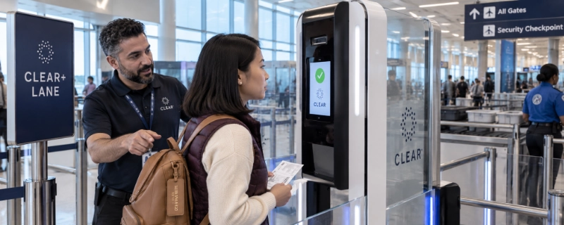 Woman in a plum vest facing a CLEAR eGate whose screen shows a green check, while a bearded CLEAR ambassador in a black branded polo gestures toward the gate beside a CLEAR+ Lane sign at San Jose airport