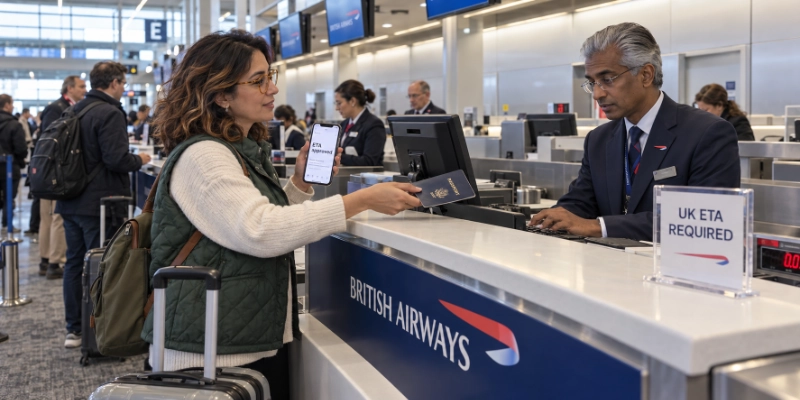Woman at a British Airways check-in desk holding a phone with an approval email while the agent checks her U.S. passport, with a small sign on the desk reading UK ETA required