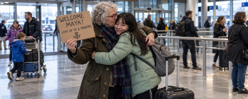 Young woman hugging her grandmother in an airport arrivals hall while the grandmother holds a handwritten cardboard sign reading Welcome Maya, stay up to 6 months