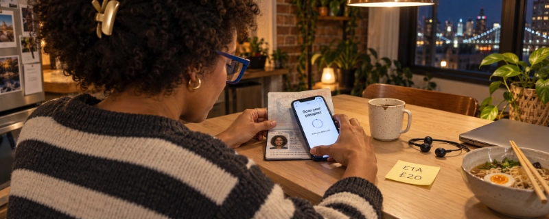 Over-the-shoulder view of a woman at a kitchen table holding her phone against an open U.S. passport while the phone screen shows a scan your passport message