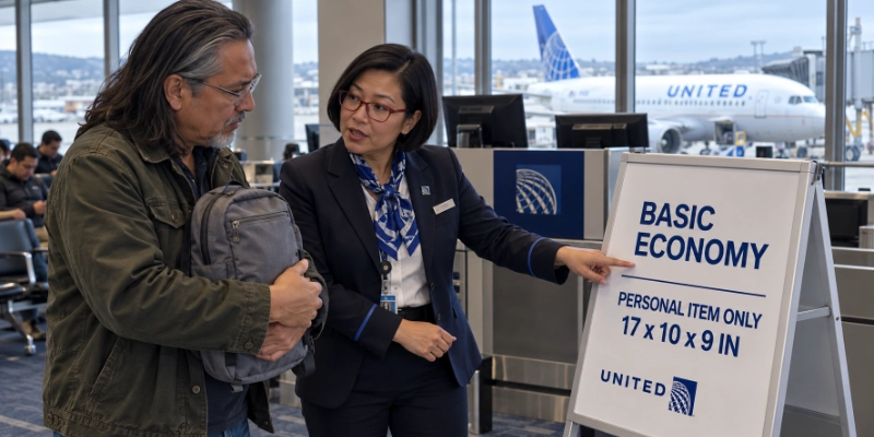 United gate agent at San Francisco Terminal 3 pointing to an easel sign that reads Basic Economy, personal item only, 17 x 10 x 9 in, while a man with a small grey backpack looks at it