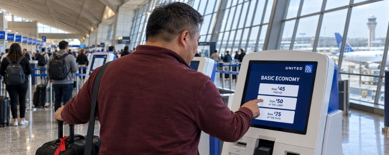 Man at a United check-in kiosk at Washington Dulles, seen from behind, with the screen showing Basic Economy checked bag prices from $45 prepaid to from $75 at the gate