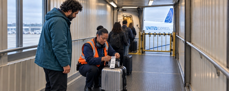 United ground agent at Newark Terminal C tagging a silver carry-on at the jet bridge door of a United Express regional jet while the passenger watches