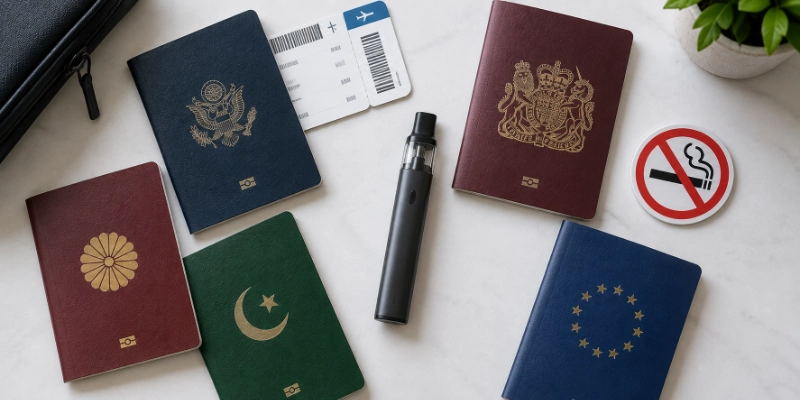 Vape pen surrounded by passports from multiple countries on a flat surface