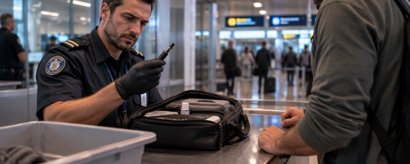 Customs officer examining a vape device taken from a traveller's bag at an inspection counter