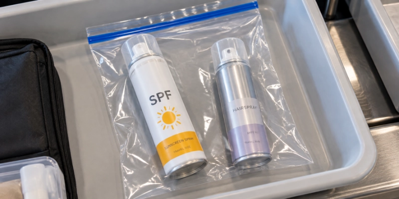 Spray sunscreen can beside a clear liquids bag at security