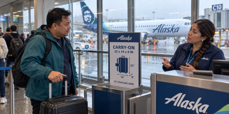 Man reading the carry-on size sign at the Alaska Airlines gate in Seattle while the gate agent talks to him
