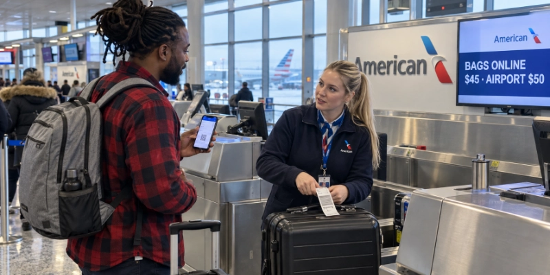 Man showing a boarding pass to an American Airlines agent at Philadelphia airport under a screen showing bags online $45 and at the airport $50
