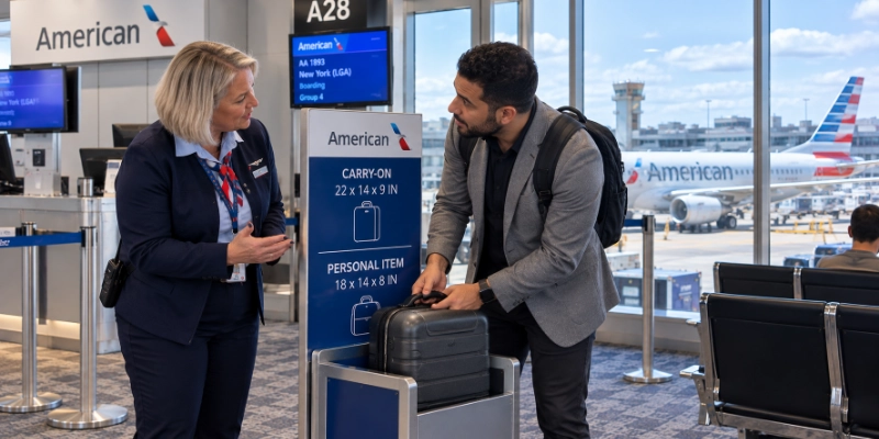 Man placing a charcoal roller bag into the sizer frame at the American Airlines gate in Charlotte while the agent talks to him